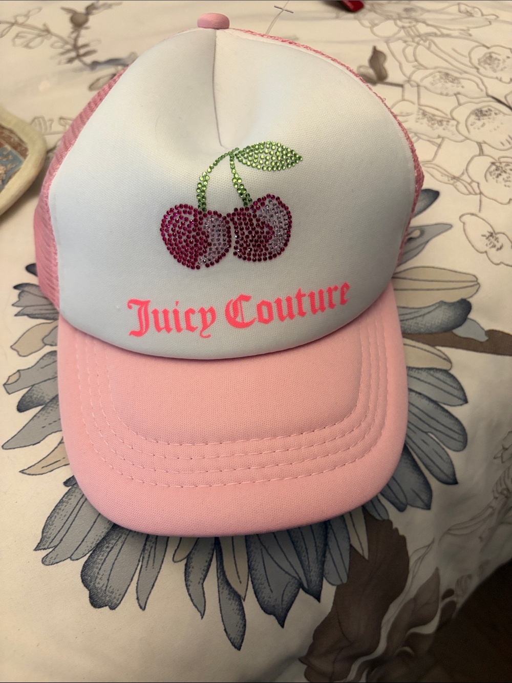Juicy Couture Pink & White Cherry Rhinestone Trucker Cap